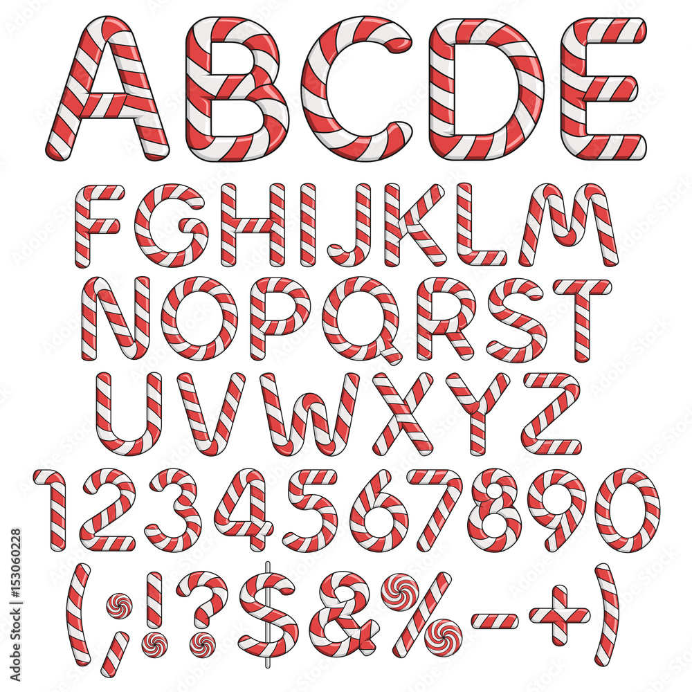 Aufkleber alphabet, numbers and signs from red candies. isolated colored vector objects on white background.