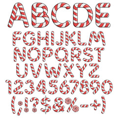 Alphabet, numbers and signs from red candies. Isolated colored vector objects on white background.