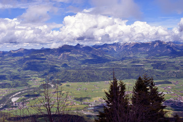 Fototapeta premium Mountain landscape from Rossfeldstrasse panorama road near Berchtesgaden, Bavaria, Germany to valley and mountains in Austria.