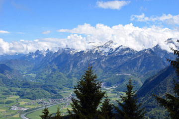 Mountain and valley landscape from Rossfeldstrasse panorama road near Berchtesgaden, Bavaria, Germany