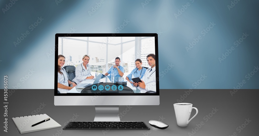 Poster composite image of computer by book and cup