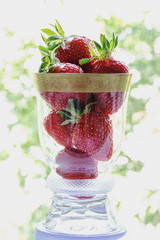 Strawberries in a glass cup on a colored background