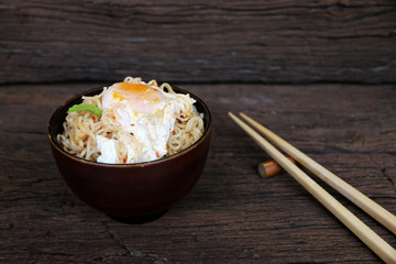 minimal style Food noodle in bowl on wood background top view