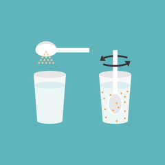 Cooking instruction for packaging, mixing powder in water, flat design vector