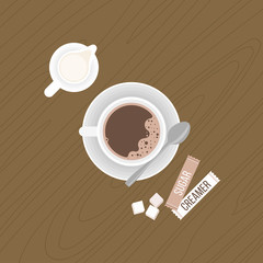 coffee with crema and tea spoon on saucer, milk jug, sugar cubes, package of sugar and  creamer on wooden background, flat design vector