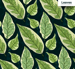 Vector seamless background with leaves. Realistic pattern with green foliage. Botanic texture. Great nature design. Leaf fall. Decorative elegant illustration. Decorative illustration with branches.