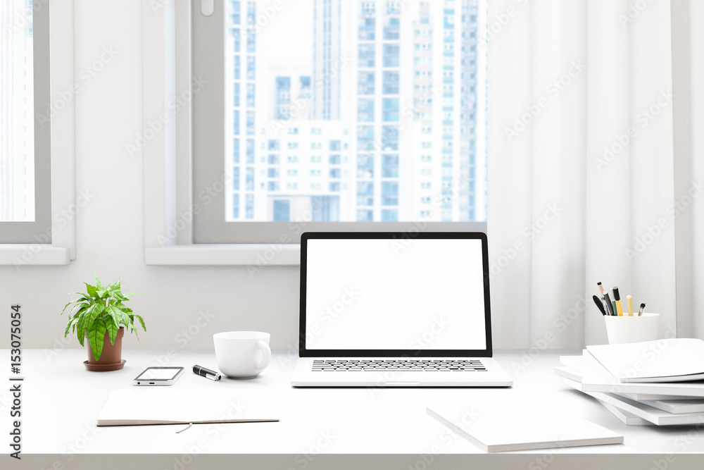 Poster Front view of workpark with blank laptop screen, blank frame, and notebook in modren home office work.for Mock up, 3D illustration rendering