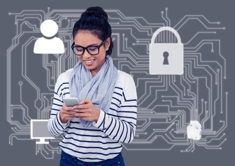 Girl with phone against white and grey interface 