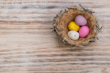 Colored Easter eggs in bird nest on timber background