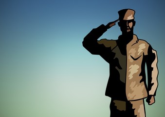 Fototapeta premium Cartoon soldier saluting against blue backdrop