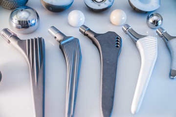 close up of lots of parts for transplantation of the joints of the feet lie