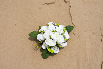 White flowers on a background of sea sand