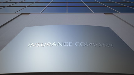 Abstract insurance company signage board. Modern office building. 3D rendering - obrazy, fototapety, plakaty