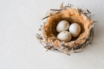 Small bird nest with three white speckled eggs