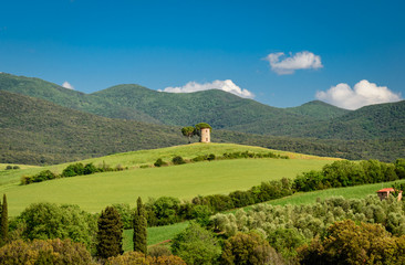 Tuscan countryside between ancient villages and green hills, in the Etruscan castagneto carducii and bolgheri coast