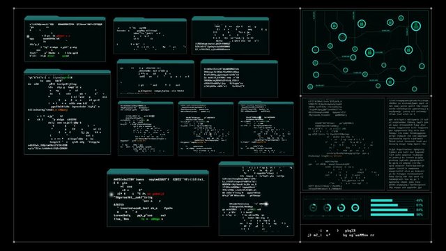4K Hacker User inter face with random text window code percent load for cyber technology futuristic concept

