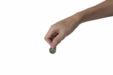man hand holding coin isolated on white background