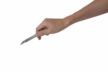 hand holding cutter isolated against with white background