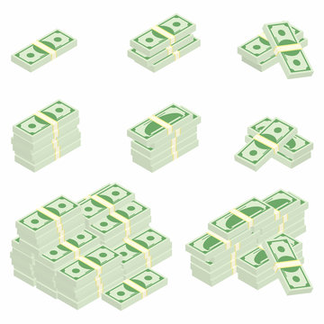 Dollars. Packages of banknotes in various angles. Different stacks and piles of cash
