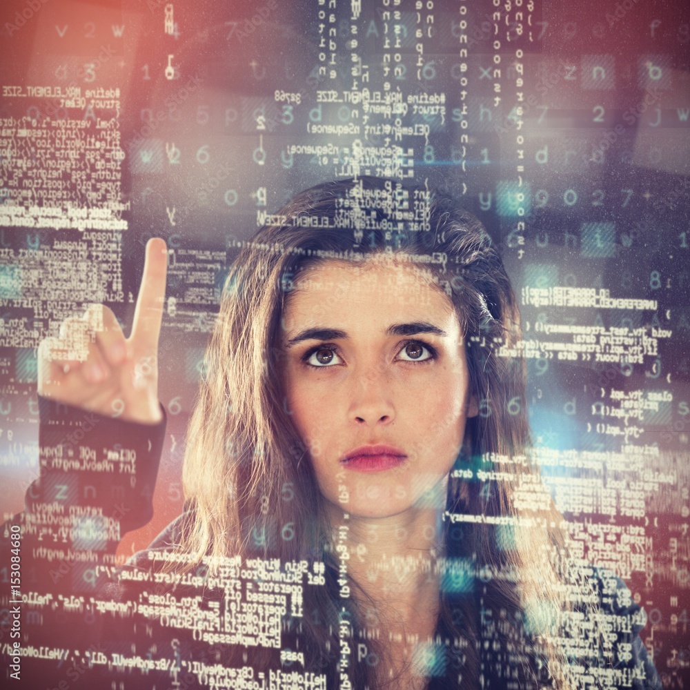 Poster composite image of serious female hacker using digital screen