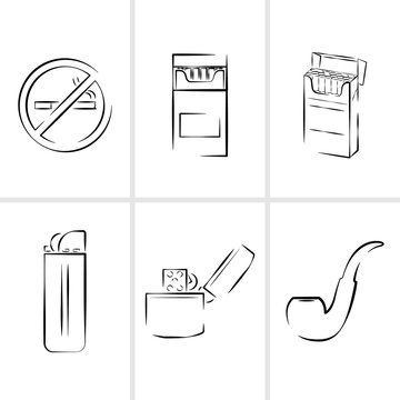 Set of anti tobacco icons. Opened pack of cigarettes, no smoking sign, lighters and pipe outline vector illustration isolated on white background.