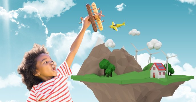 Happy child playing with plane by low poly cliff - Powered by Adobe