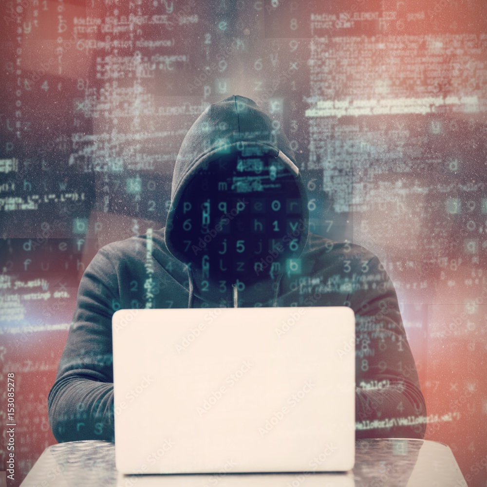 Poster composite image of focused male hacker using laptop
