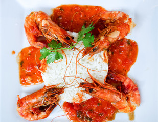 Fried shrimp-delicious fried shrimp with lettuce and rice in white plate