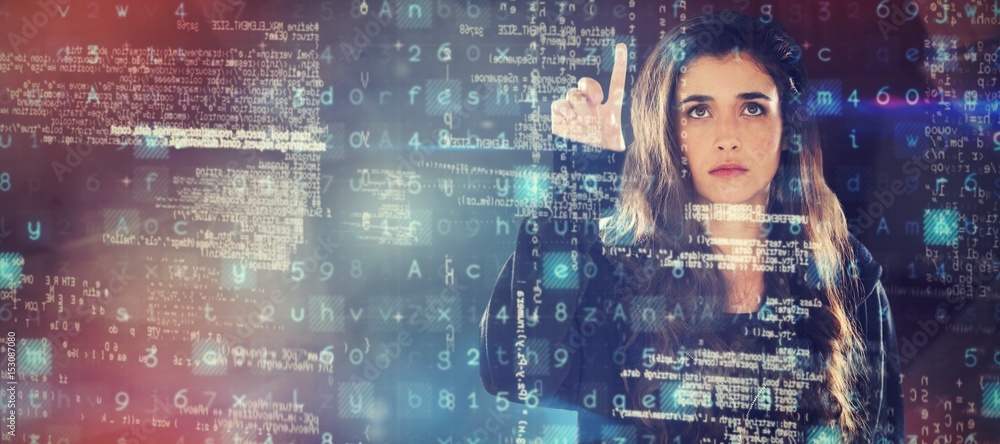 Aufkleber composite image of female hacker using digital screen