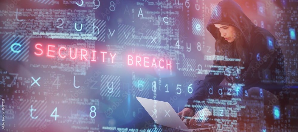 Aufkleber composite image of female hacker using laptop
