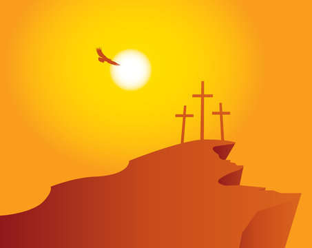 vector banner for easter with Calvary and three crosses against sunset