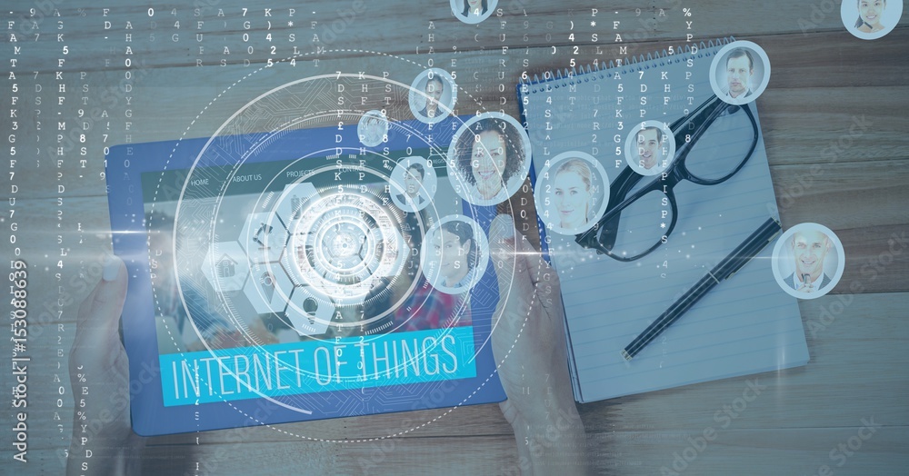 Poster close-up of hands using digital tablet with icons