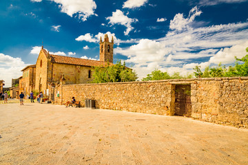 View of the medieval castle town of Monteriggioni in the hills of Siena in Tuscany