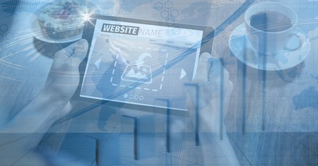 Hands using devices with overlay