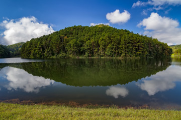 Fototapeta premium Sunrise at Pang-ung Lake, Pine Forest, Mae Hong Son,North of Thailand 