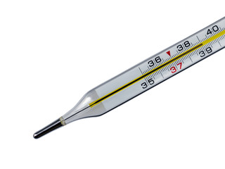 Thermometer with high temperature isolated on a white background. Close-up