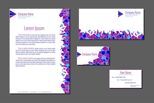 Professional corporate identity kit. Business Cards, Envelope and Letter Head Designs. Violet Sample. Vector template.
