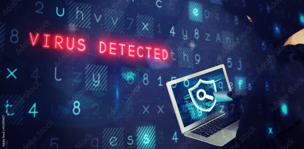 Poster composite image of hacker using laptop and debit card