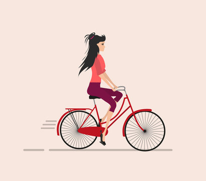 Illustration in flat style. Girl rides a walking red bike. Girl is with long black hair, in pink blouse and violet trousers