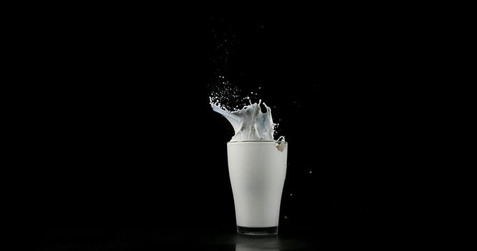 Egg falling into a Glass of Milk against Black background, Slow motion 4K