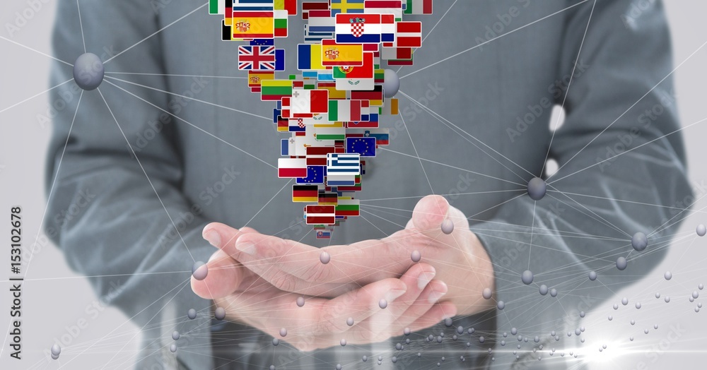 Poster midsection of businessman with various flags