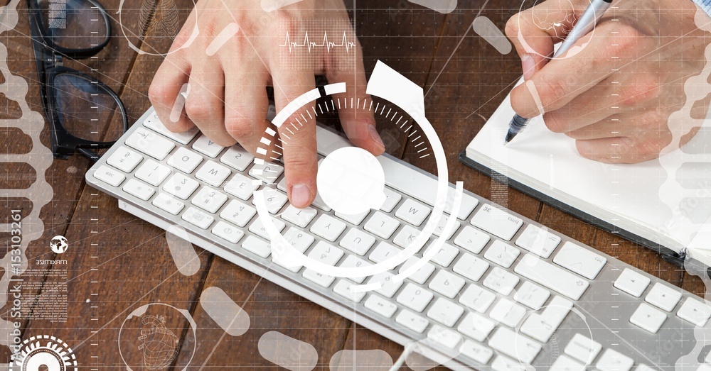 Aufkleber hands using computer keyboard while writing