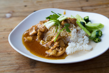 teriyaki chicken and broccoli stir fry with rice. the toning. selective focus