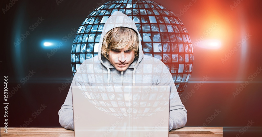 Poster hacker using laptop against globe