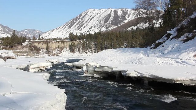 Water flowing in the river in spring, Ursul River, Altai, Russia  