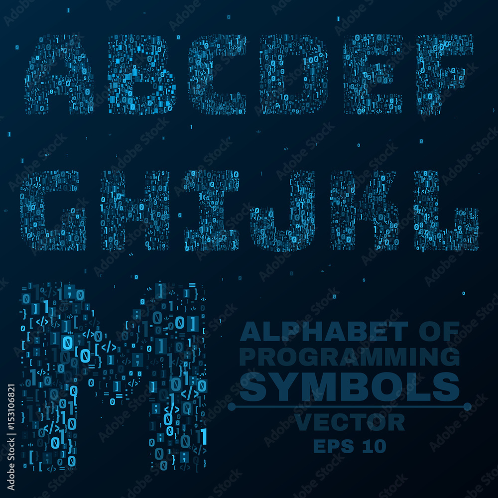 Poster alphabet from the symbols of the program code. programming in design. glowing letters are blue. a, b