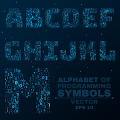 Alphabet from the symbols of the program code. Programming in design. Glowing letters are blue. A, B, C, D. Vector illustration. EPS 10