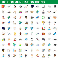 100 communication icons set, cartoon style