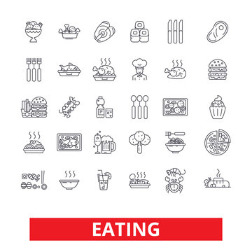 Eating Food, Restaurant Menu, Family Cafe, Tasting Dinner, Healthy Dining, Drink Line Icons. Editable Strokes. Flat Design Vector Illustration Symbol Concept. Linear Signs Isolated On White Background