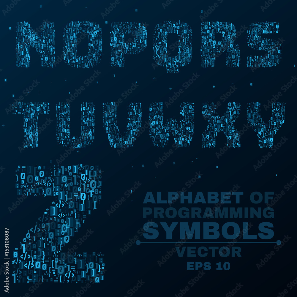 Poster alphabet from the symbols of the program code. programming in design. glowing letters are blue. n, o